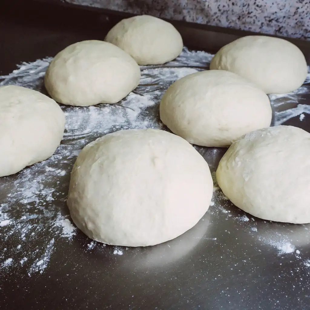 Dough preparation on floured board with olive oil sheen